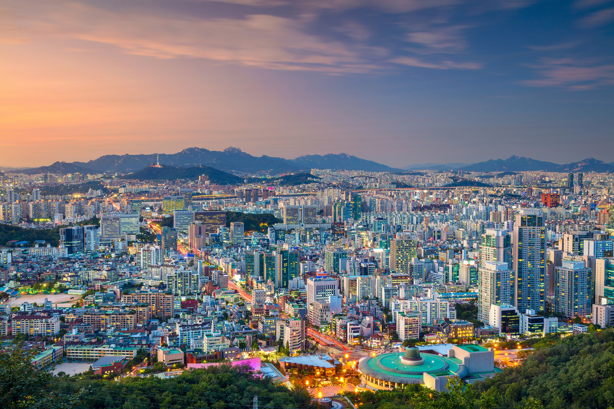 Wide city view of Seoul at dusk